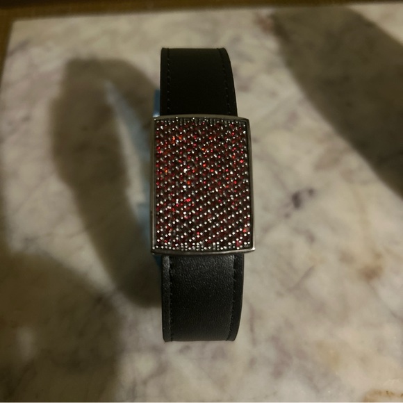 Black leather bracelet with Red Crystal Face